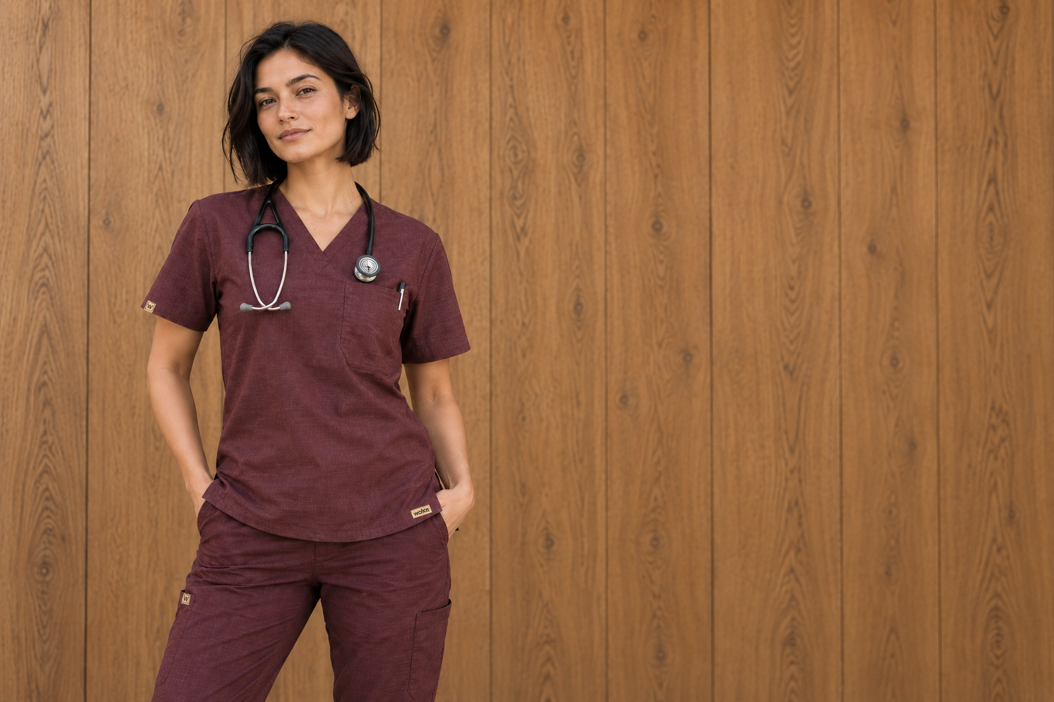 Woman in burgundy Workies scrubs against a warm oak wall