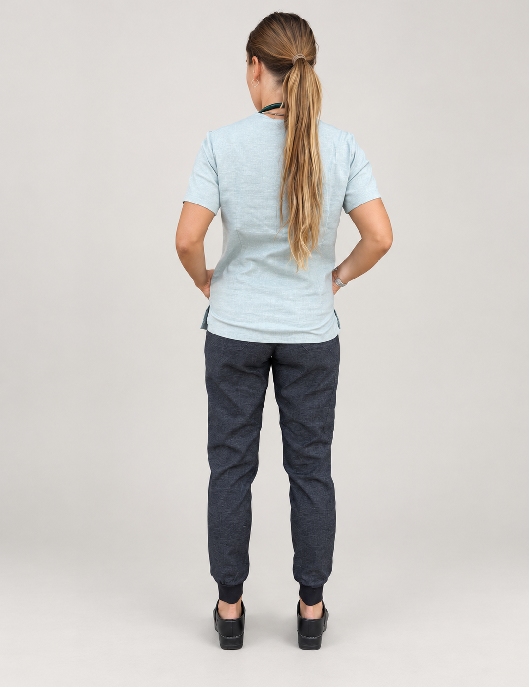 Siena Scrub Top and Sambe Scrub Pants, back outfit
