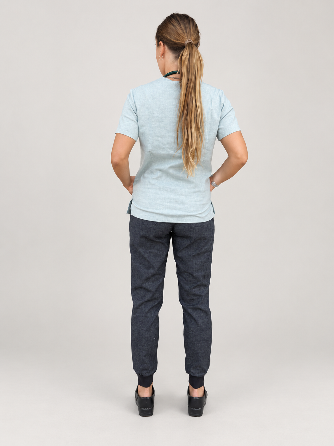 Siena Scrub Top and Sambe Scrub Pants, back outfit