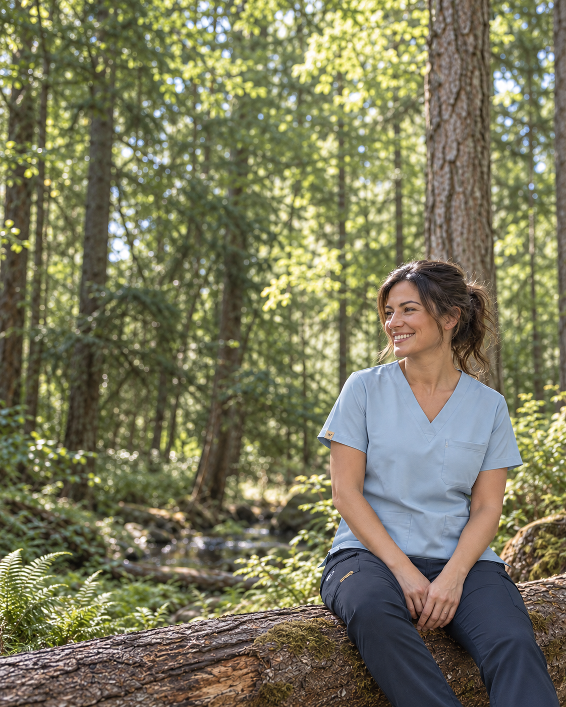 Woman in light blue Workies scrubs relaxing in natural woodland